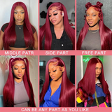 99J Burgundy Colored Human Hair Wigs Straight Lace Front Wig Transparent Lace Frontal Wig