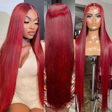 99J Burgundy Colored Human Hair Wigs Straight Lace Front Wig Transparent Lace Frontal Wig