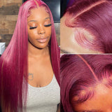 99J Burgundy Colored Human Hair Wigs Straight Lace Front Wig Transparent Lace Frontal Wig