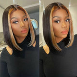 Ombre Highlight Black Skunk Stripe Human Hair Straight Bob Wig