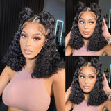 Short Bob Lace Frontal Wigs Water Wave Natural Black Curly Human Hair Lace Closure Wig