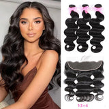 Brazilian Virgin Hair Double Drawn Bundles Body Wave Weaves 3 Bundles With 13X4 Frontal
